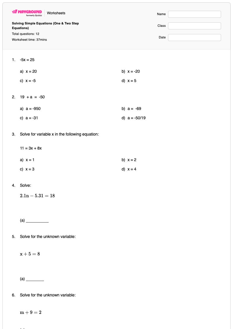 Solving Simple Equations    (One & Two Step Equations) - พิมพ์ได้ สมการสองขั้นตอน เวิร์กชีท - Wayground