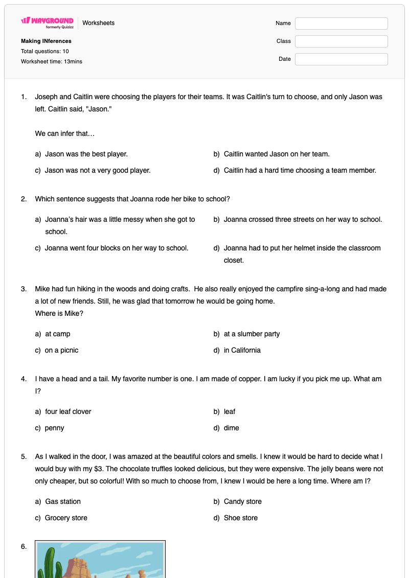 Making INferences - Printable Making-inferences-in-fiction Worksheets Class 4 - Wayground