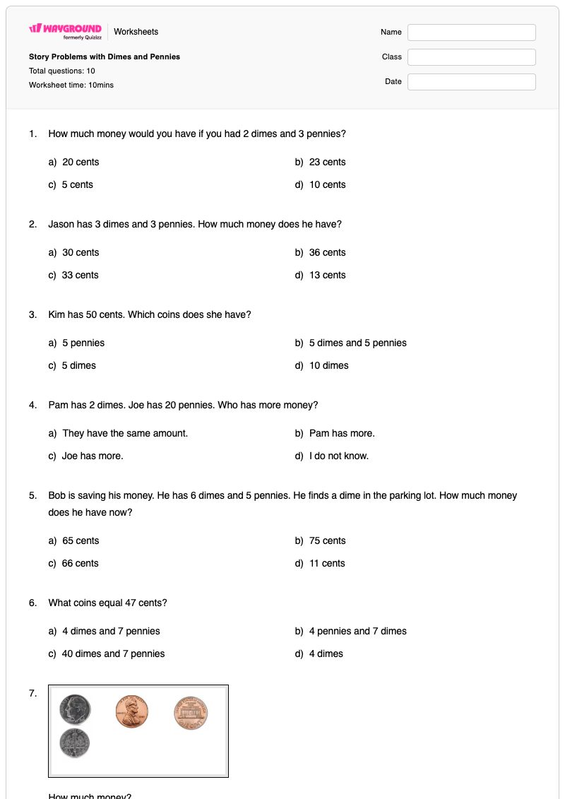 Story Problems with Dimes and Pennies - Nadający się do druku Dziesięciocentówki Karty-pracy Klasa 1 - Wayground