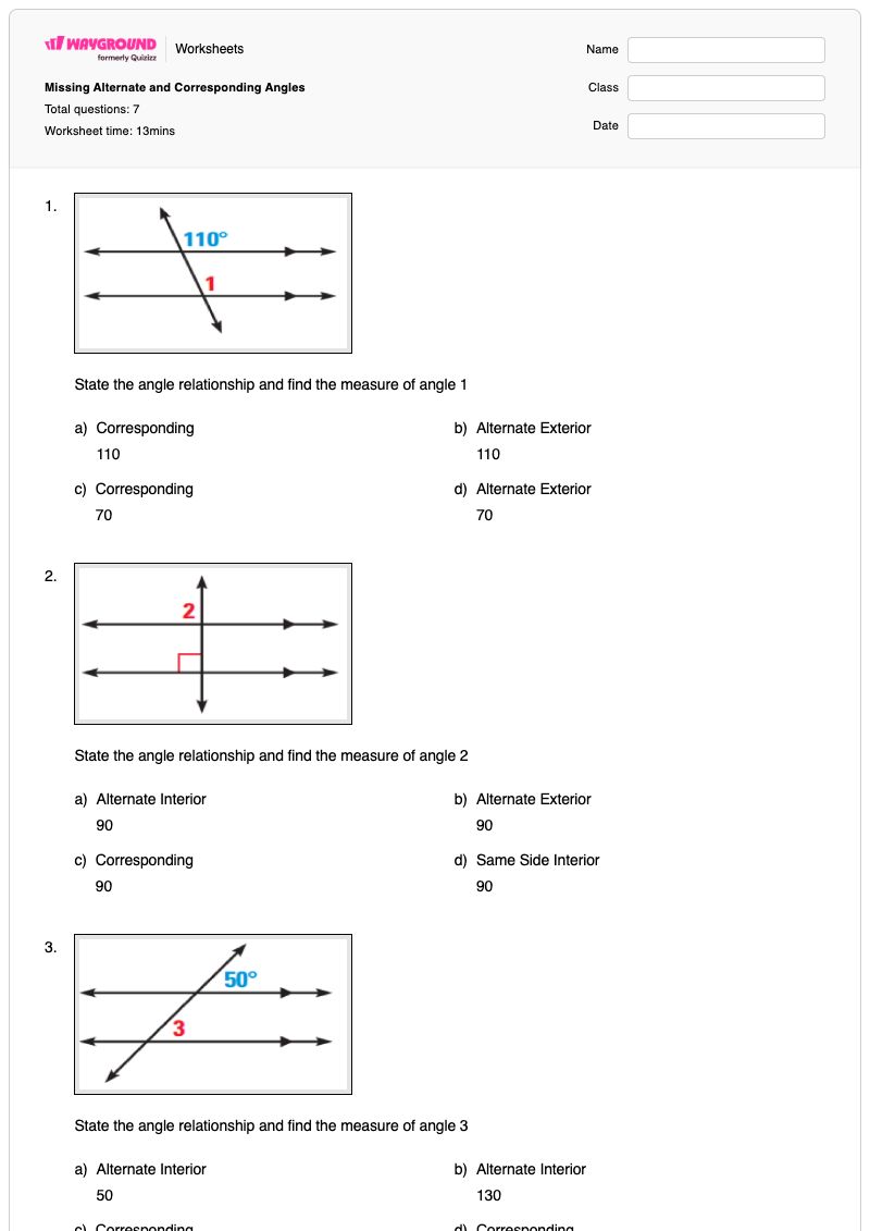 Missing Alternate and Corresponding Angles - Printable Angles Worksheets - Wayground