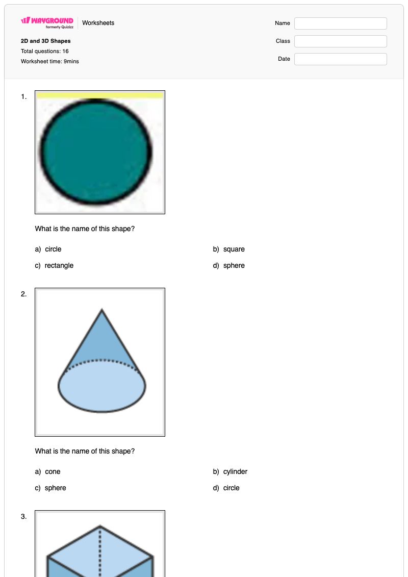 2D and 3D Shapes - พิมพ์ได้ การลากเส้นตามรูปทรง เวิร์กชีท - Wayground