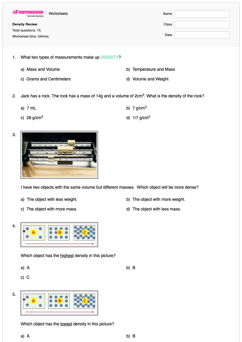 Density Review - พิมพ์ได้ Calculating-density เวิร์กชีท ระดับ 8 - Wayground