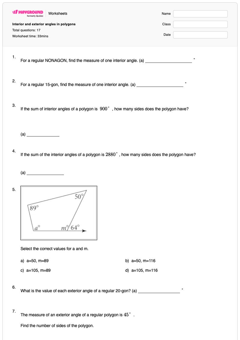 Interior and exterior angles in polygons - Printable Polygon-interior-angle-sum Worksheets Class 12 - Wayground