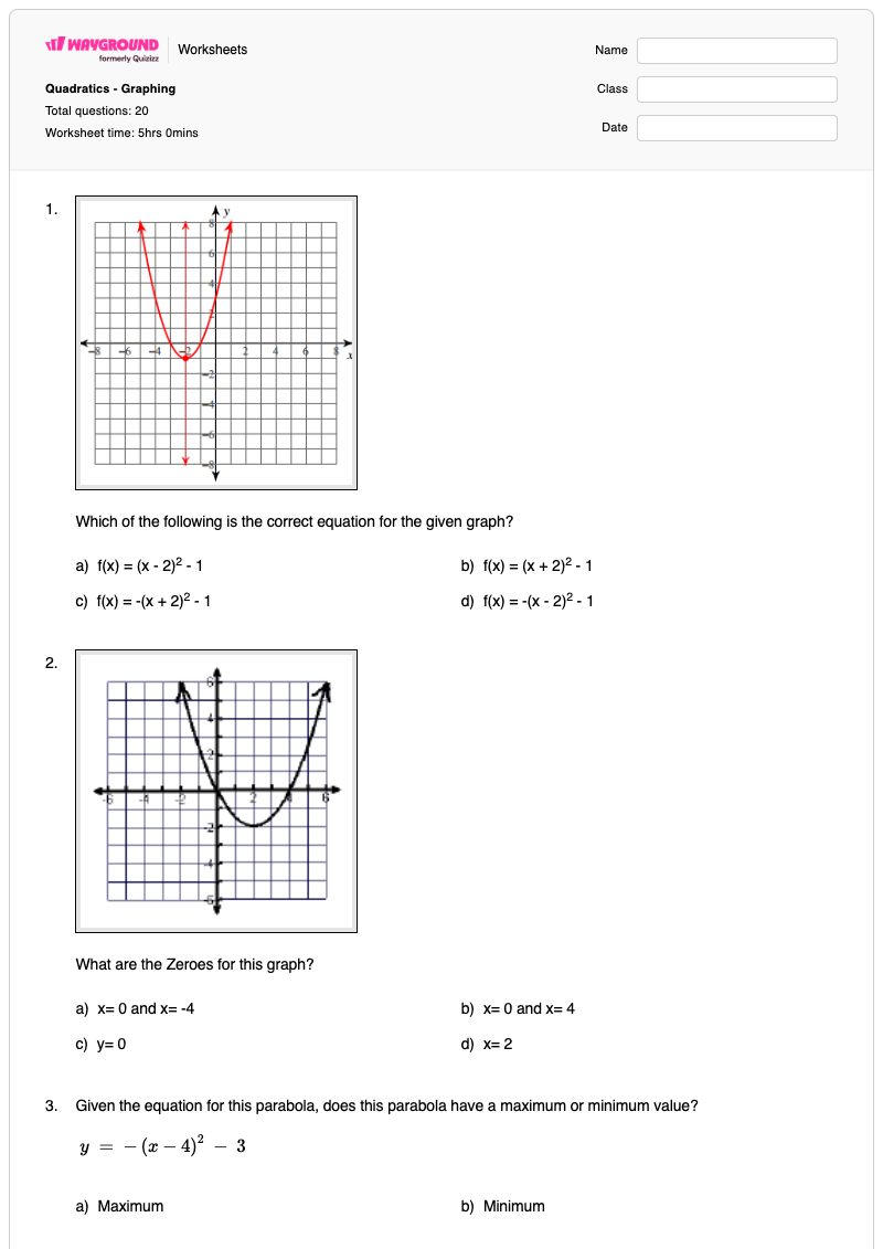 Quadratics - Graphing - Printable Functions Worksheets - Wayground