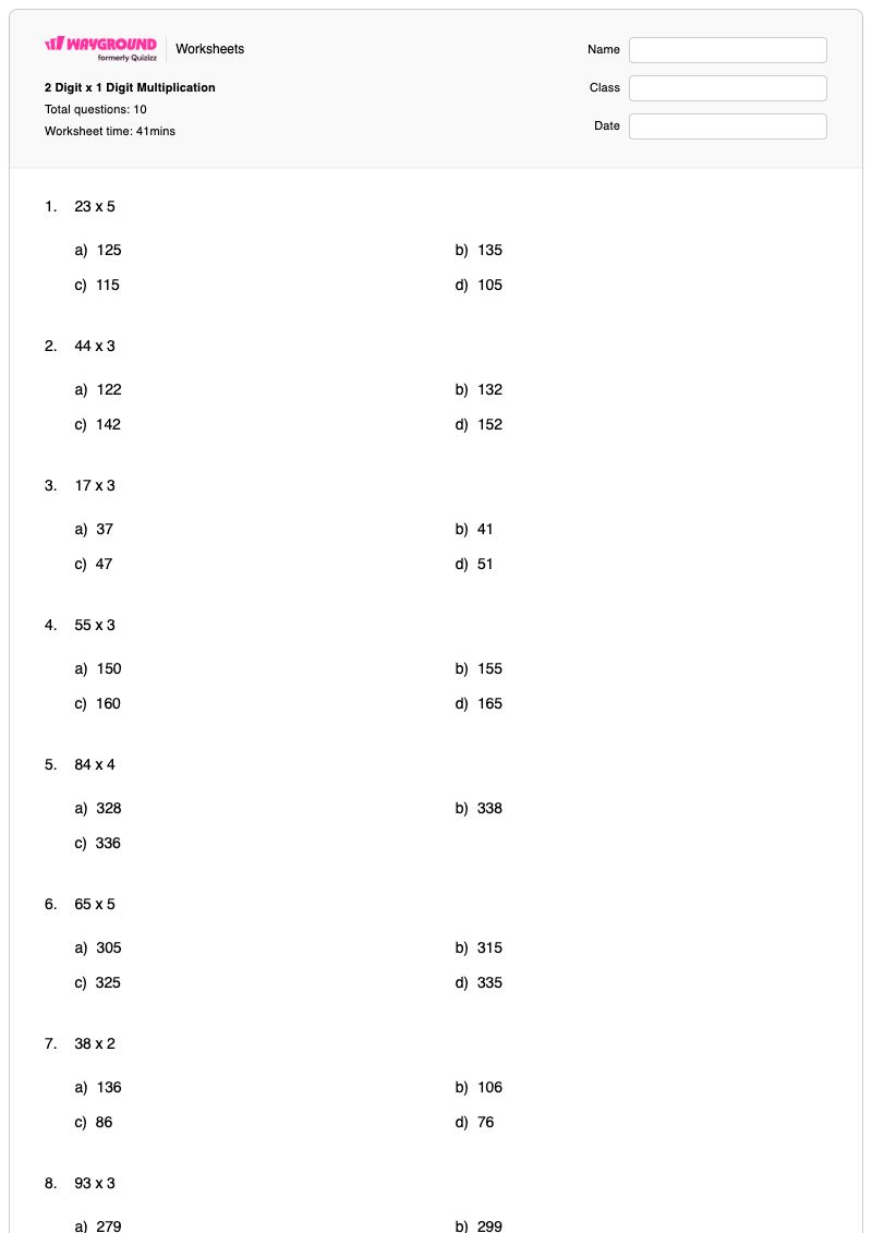 2 Digit x 1 Digit Multiplication - Printable Multiplication Worksheets - Wayground