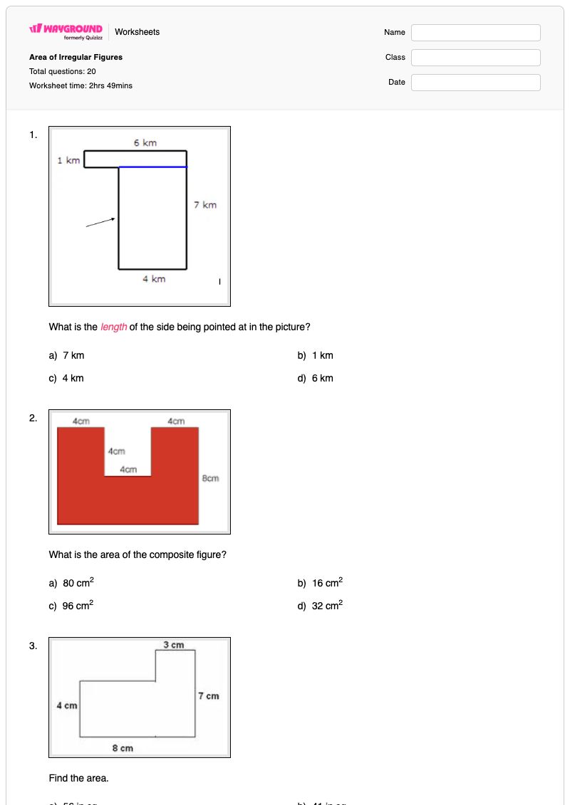 Area of Irregular Figures - พิมพ์ได้ พื้นที่และปริมณฑล เวิร์กชีท - Wayground