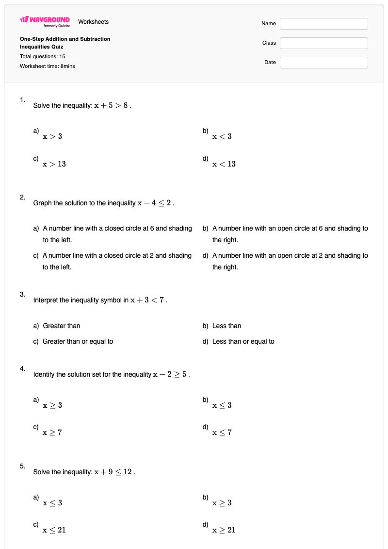 One-Step Addition and Subtraction Inequalities Quiz - Printable One-step-inequalities Worksheets - Wayground