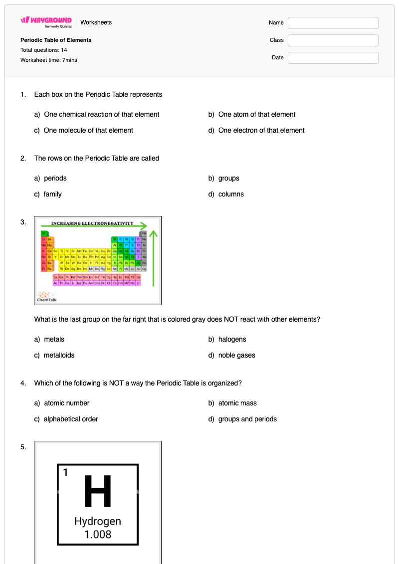Periodic Table of Elements - Printable Periodic-table-organization Worksheets Year 6 - Wayground