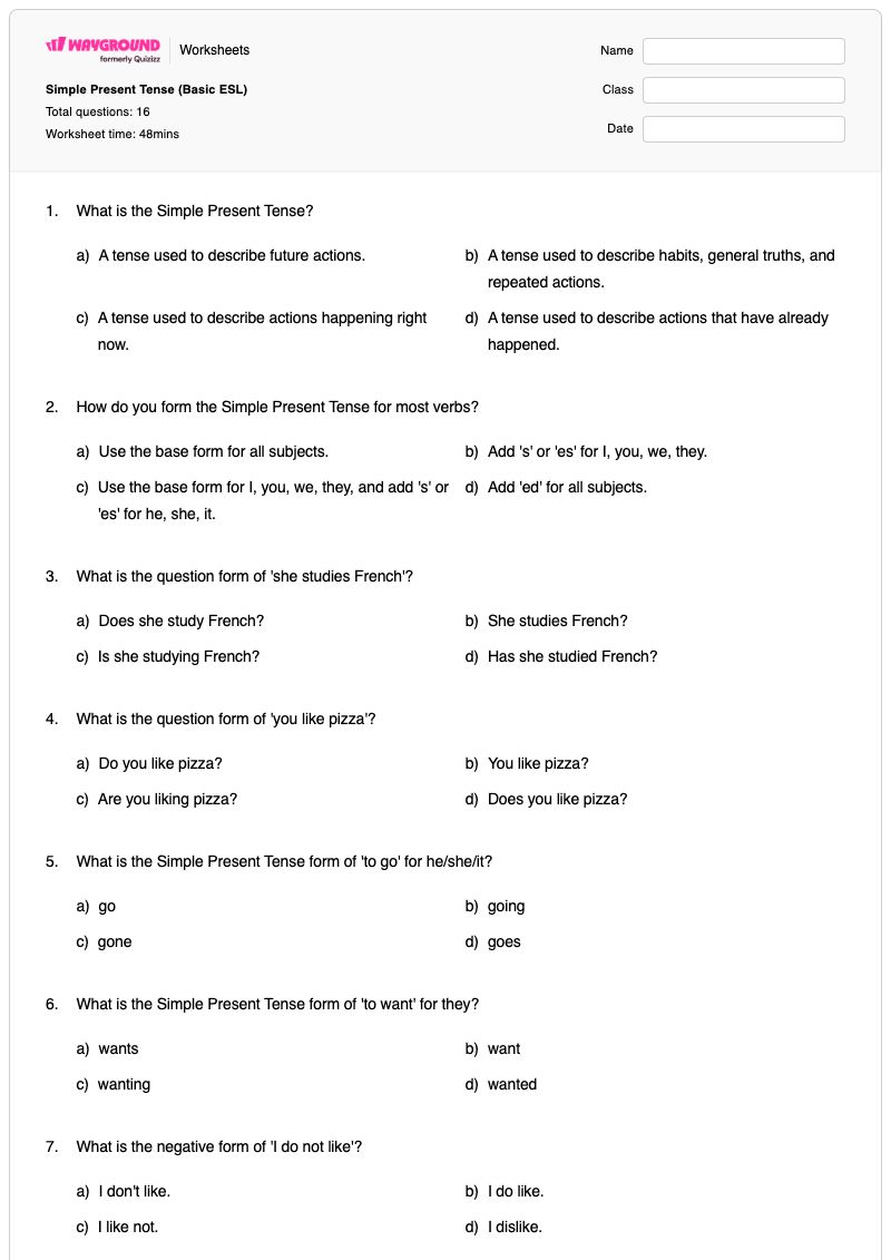 Simple Present Tense (Basic ESL) - พิมพ์ได้ กาลปัจจุบันแบบง่าย เวิร์กชีท - Wayground