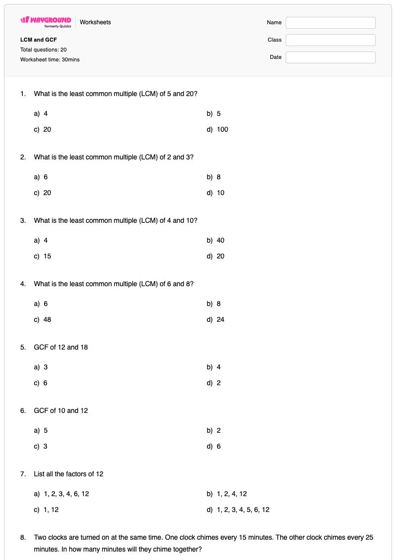 LCM and GCF - Printable Lcm-and-gcf Worksheets Class 5 - Wayground