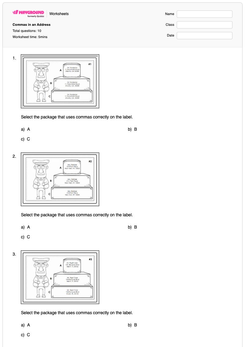Commas in an Address - พิมพ์ได้ เครื่องหมายจุลภาค เวิร์กชีท ระดับ 3 - Wayground