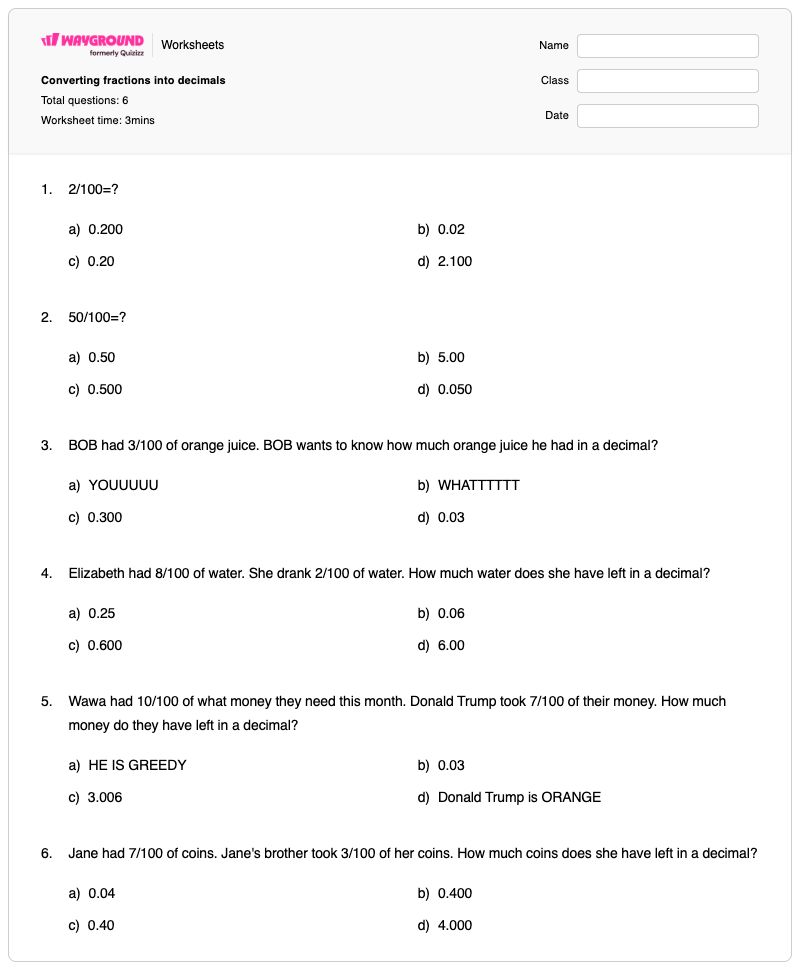 Converting fractions into decimals - Printable Converting-fractions-to-decimals Worksheets - Wayground