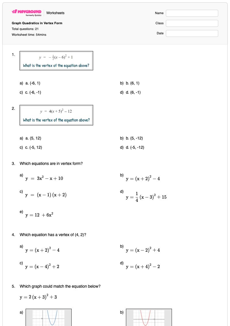 Graph Quadratics in Vertex Form - พิมพ์ได้ Vertex-form เวิร์กชีท - Wayground