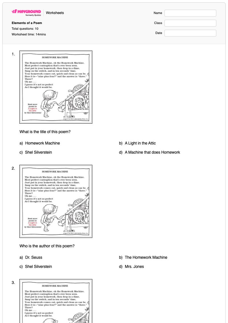 Elements of a Poem - Printable Restating-questions Worksheets Grade 3 - Wayground