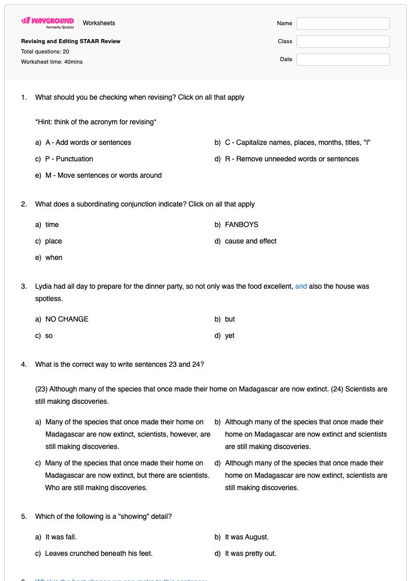Revising and Editing STAAR Review - พิมพ์ได้ การแก้ไขงานเขียน เวิร์กชีท ระดับ 10 - Wayground