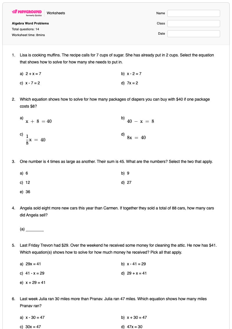 Algebra Word Problems - Printable Math Worksheets Grade 1 - Wayground
