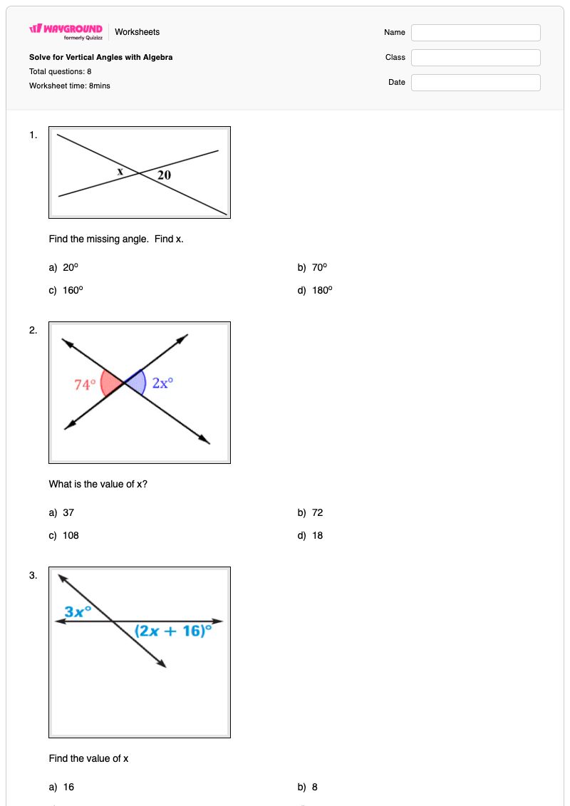 Solve for Vertical Angles with Algebra - Printable Angles Worksheets - Wayground
