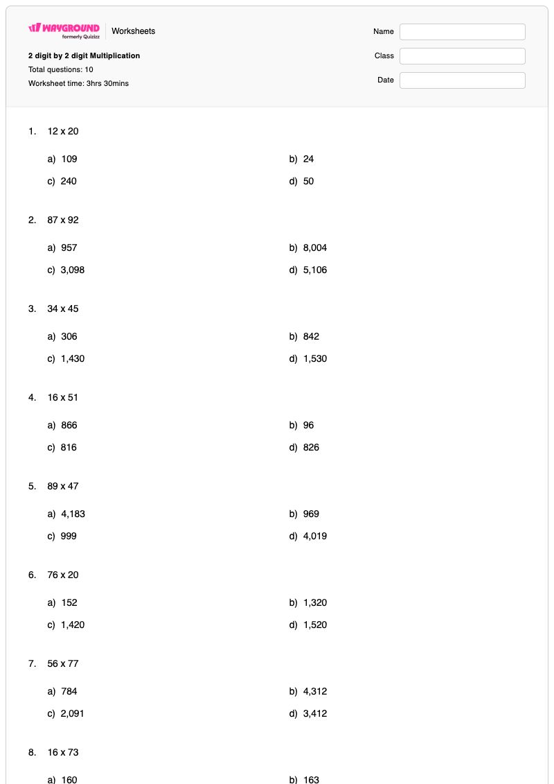 2 digit by 2 digit Multiplication - Printable Multiplication Worksheets - Wayground
