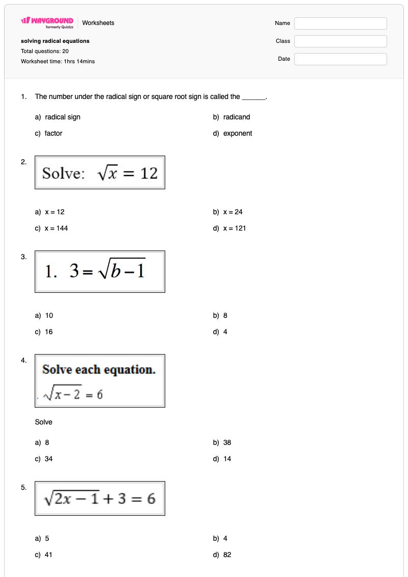 solving radical equations - พิมพ์ได้ การแก้สมการรากที่สอง เวิร์กชีท ระดับ 10 - Wayground