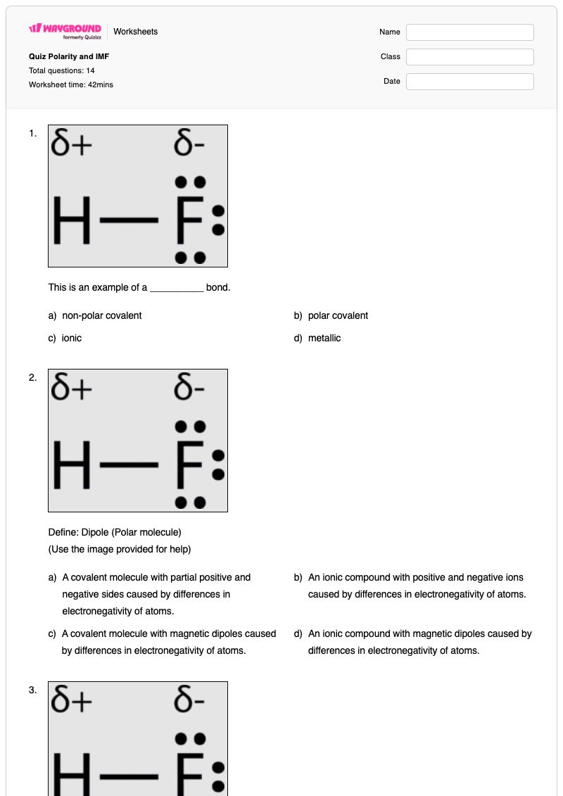 Quiz Polarity and IMF - Printable Polarity-of-molecules Worksheets - Wayground