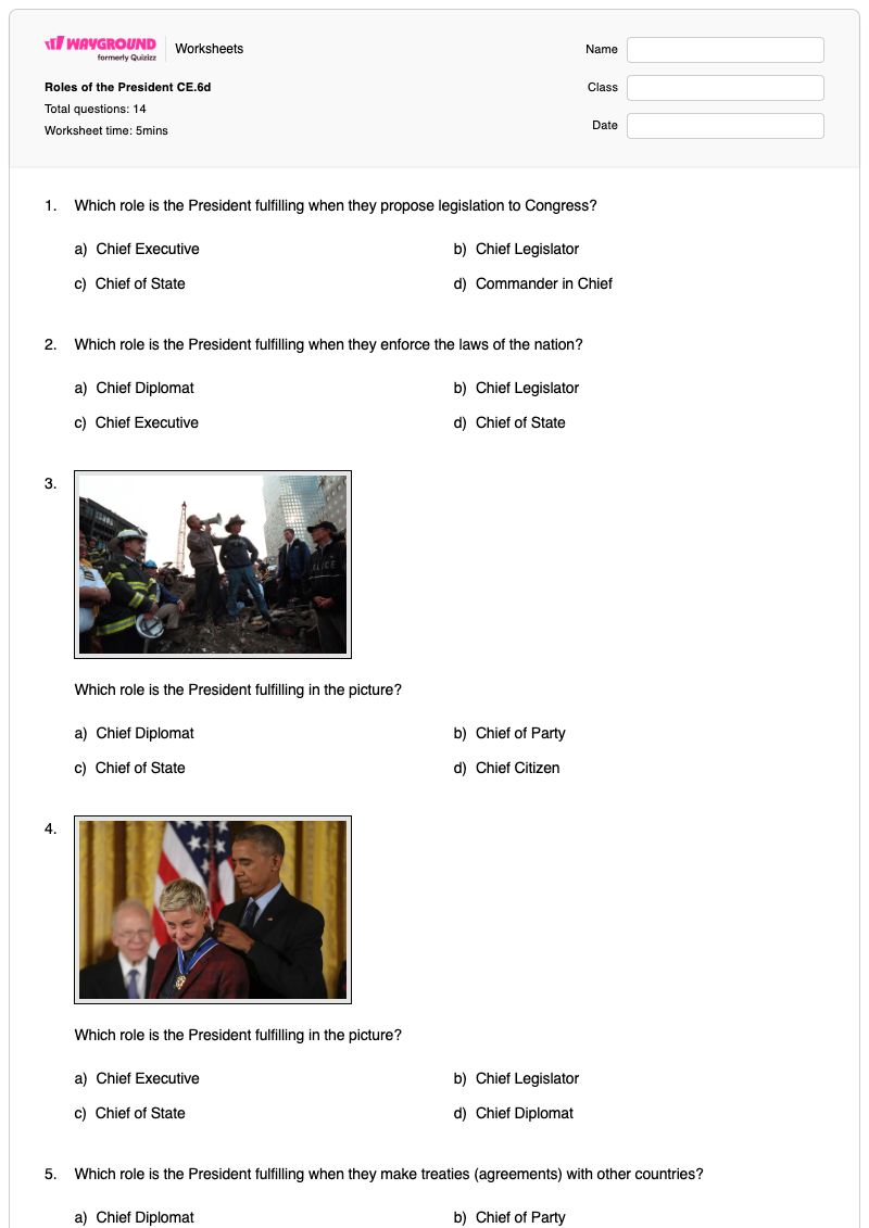Roles of the President CE.6d - Printable Presidential-roles Worksheets Class 8 - Wayground