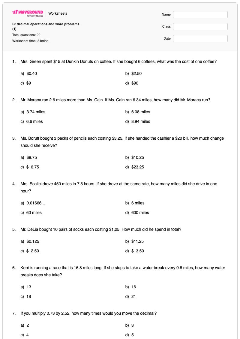 B: decimal operations and word problems (1) - พิมพ์ได้ Decimal-word-problems เวิร์กชีท - Wayground