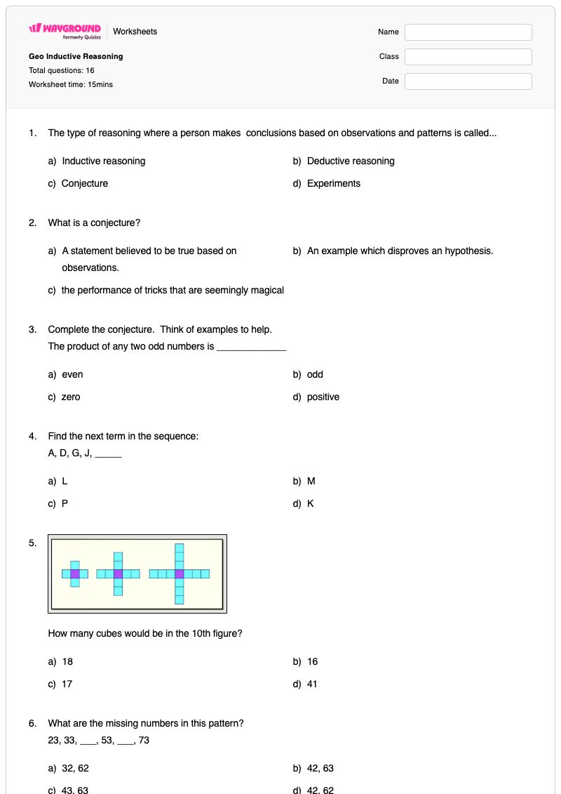Geo Inductive Reasoning - พิมพ์ได้ การให้เหตุผลแบบอุปนัย เวิร์กชีท ระดับ 9 - Wayground