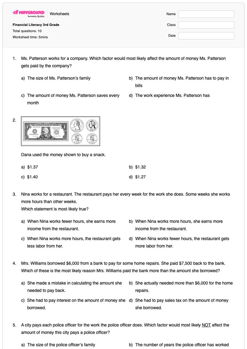 Financial Literacy 3rd Grade - Printable Financial-literacy Worksheets Grade 3 - Wayground