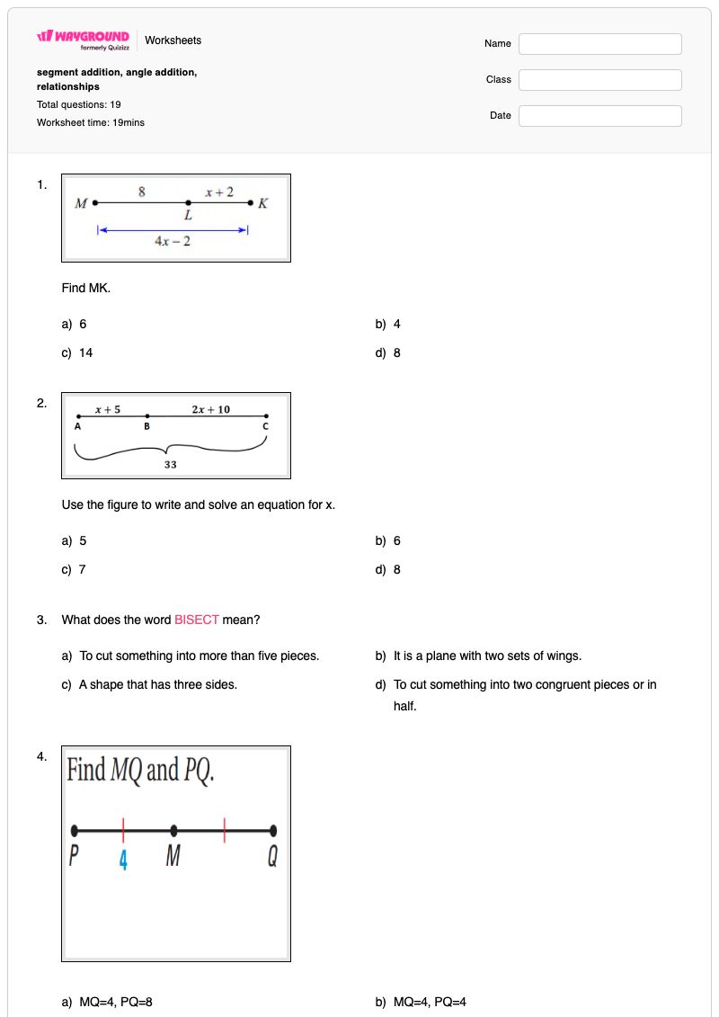 segment addition, angle addition, relationships - Printable Addition Worksheets - Wayground