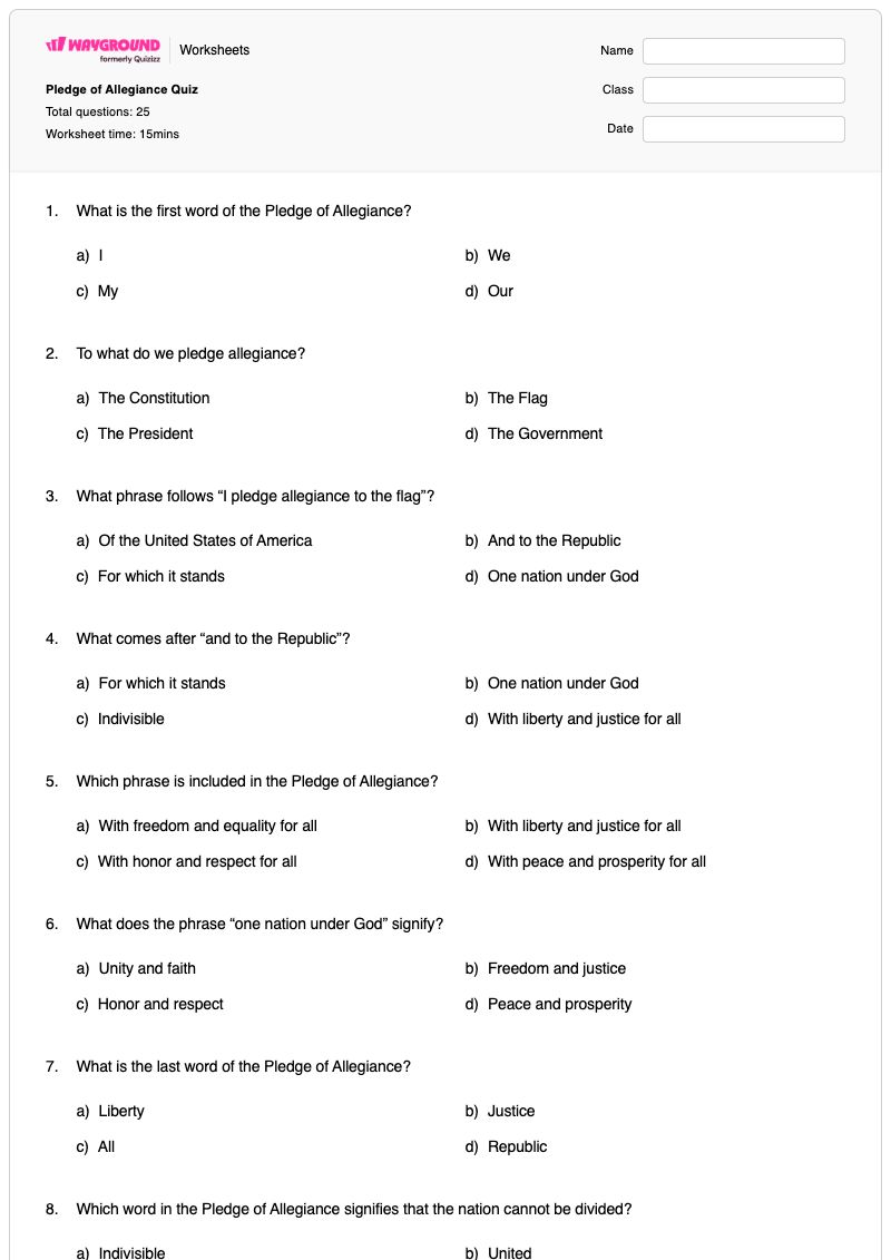 Pledge of Allegiance Quiz - Printable Pledge-of-allegiance Worksheets - Wayground