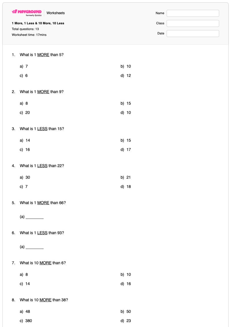 1 More, 1 Less & 10 More, 10 Less - Printable 10-more-10-less Worksheets Grade 1 - Wayground