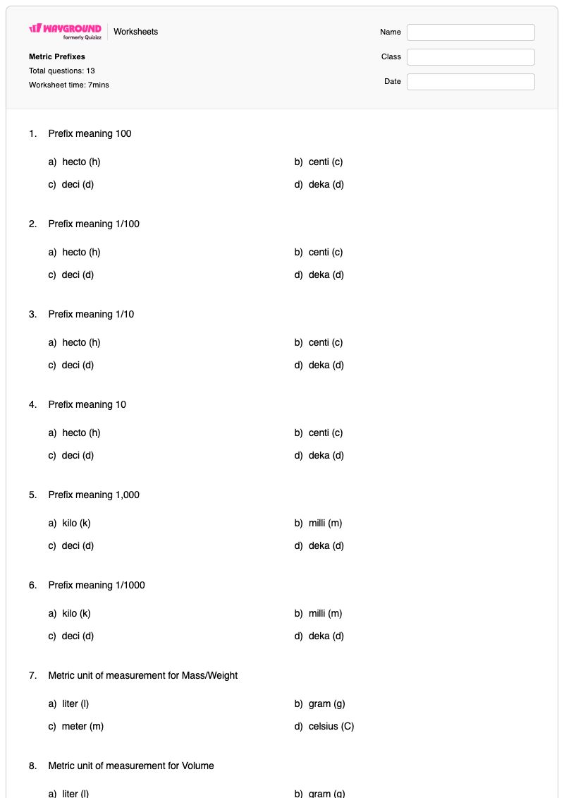 Metric Prefixes - Printable Metric-prefixes Worksheets Grade 7 - Wayground