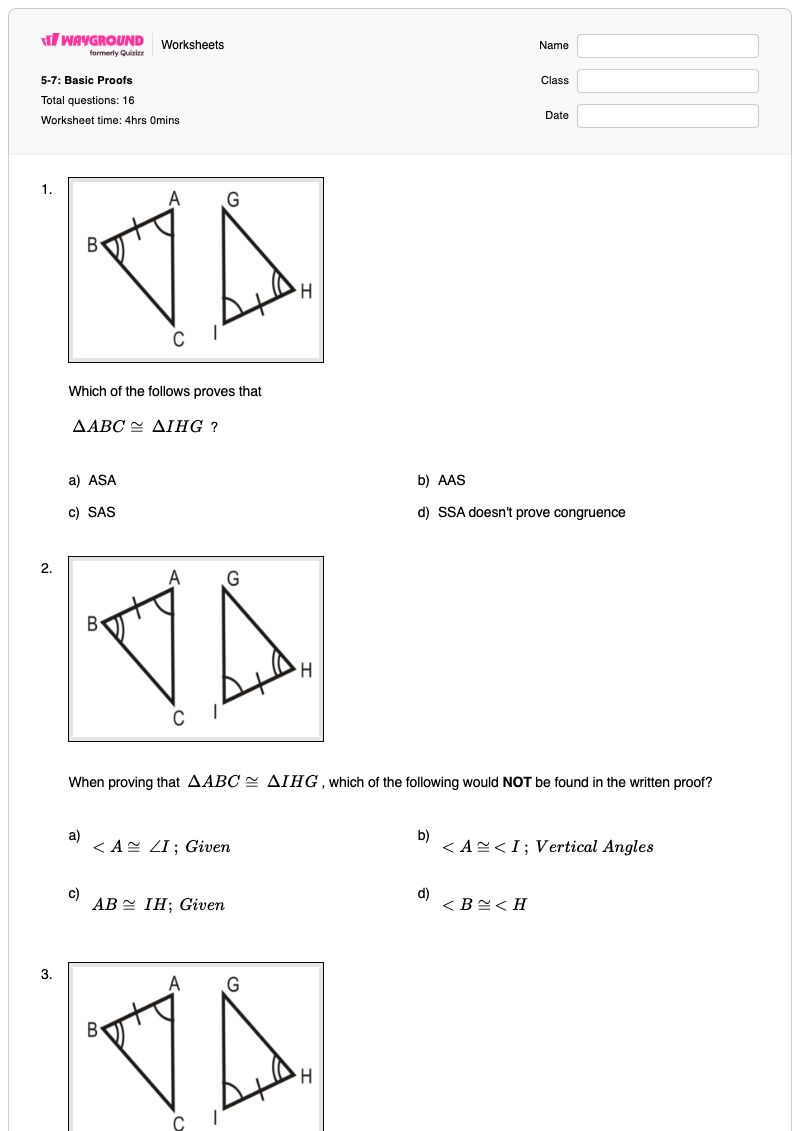 5-7: Basic Proofs - พิมพ์ได้ การพิสูจน์แบบสองคอลัมน์ เวิร์กชีท - Wayground