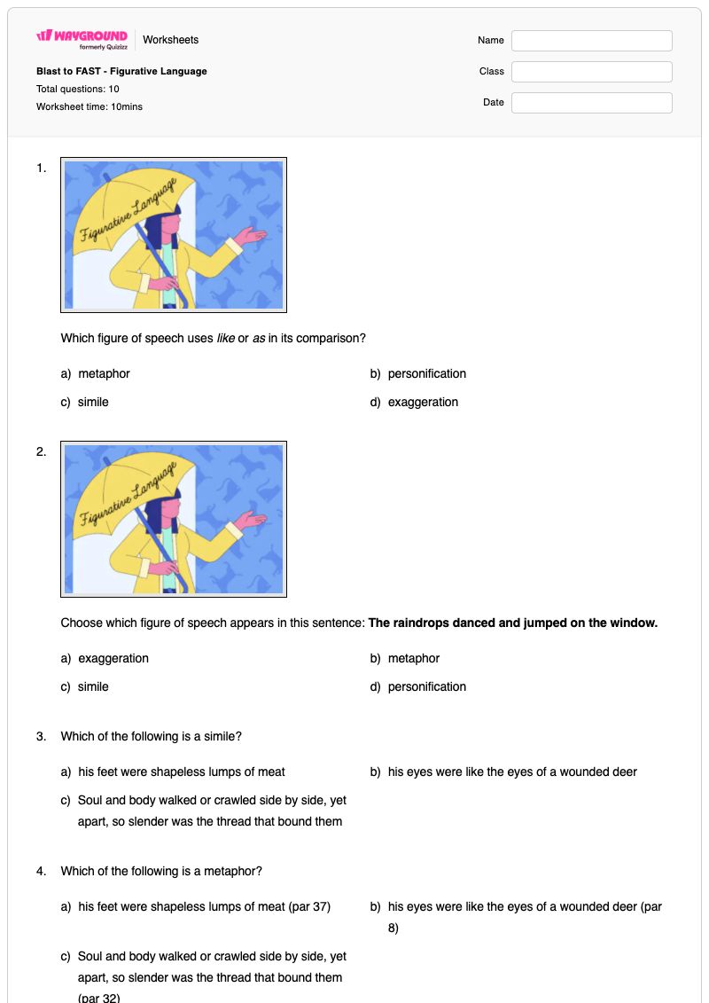 Blast to FAST - Figurative Language - พิมพ์ได้ ภาษาเปรียบเทียบ เวิร์กชีท ระดับ 10 - Wayground