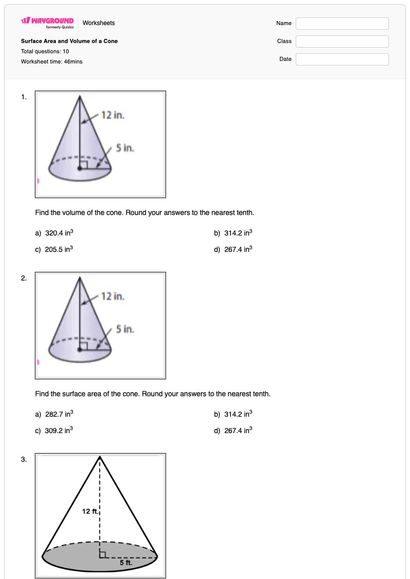 Surface Area and Volume of a Cone - Printable Volume-and-surface-area Worksheets - Wayground