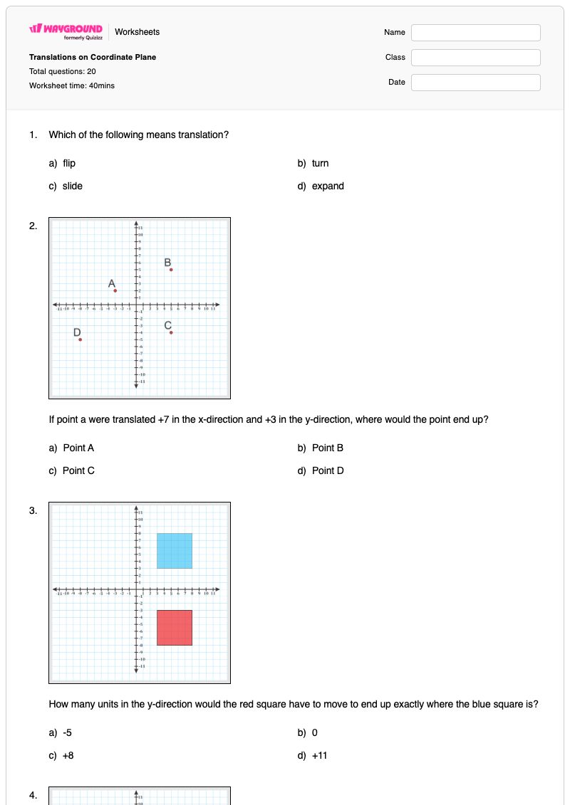 Translations on Coordinate Plane - Printable Translations Worksheets Grade 7 - Wayground