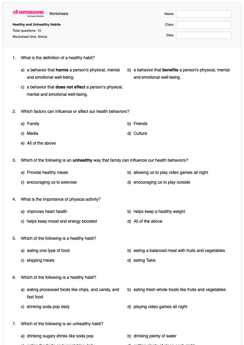 Healthy and Unhealthy Habits - Printable Health-education Worksheets Class 3 - Wayground