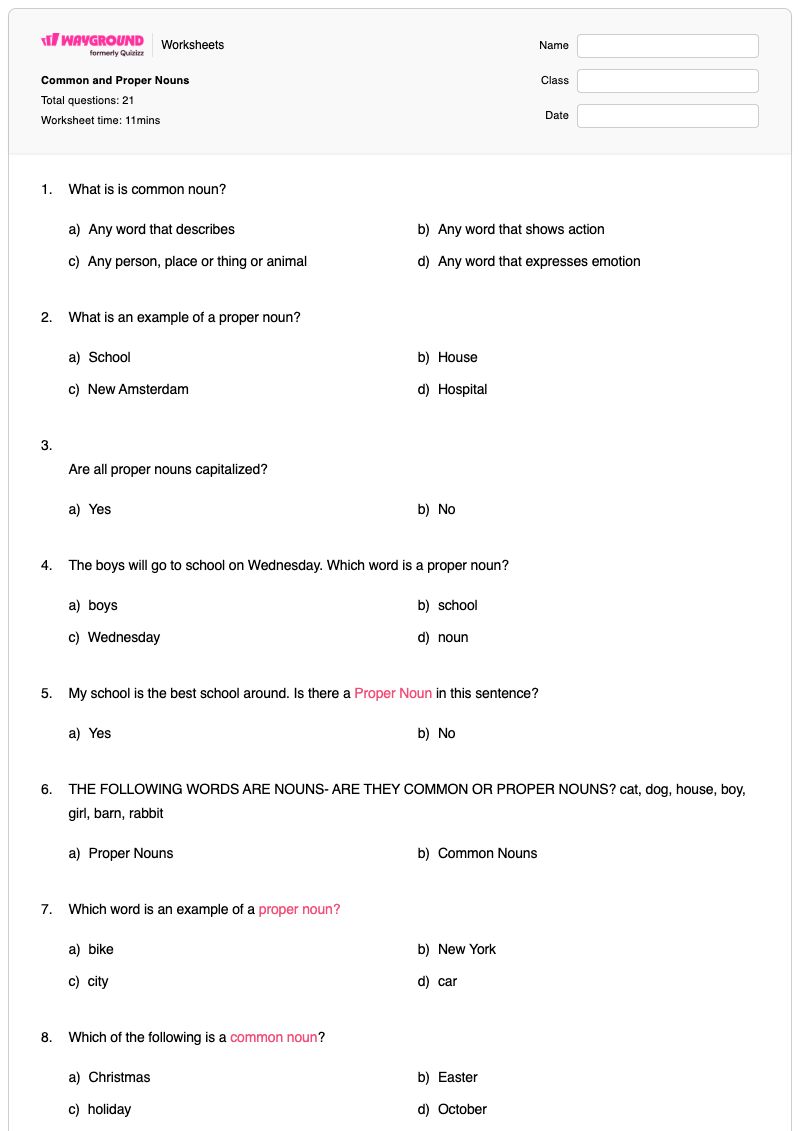 Common and Proper Nouns - Printable Proper-nouns Worksheets - Wayground