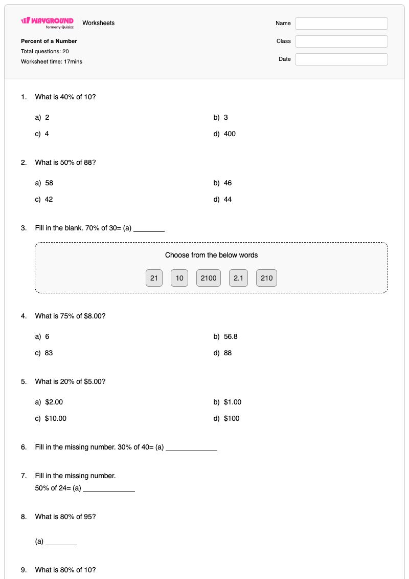 Percent of a Number  - Printable Percentage-story-problems Worksheets Grade 7 - Wayground