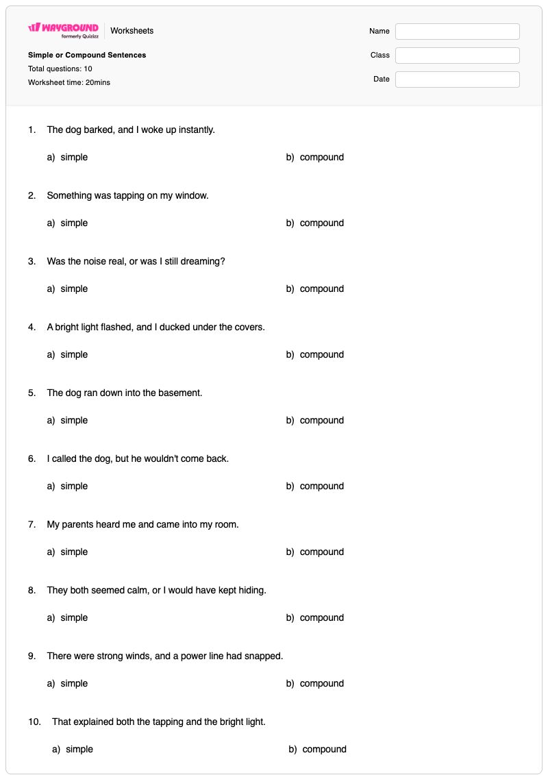 Simple or Compound Sentences - พิมพ์ได้ Simple-sentences เวิร์กชีท - Wayground
