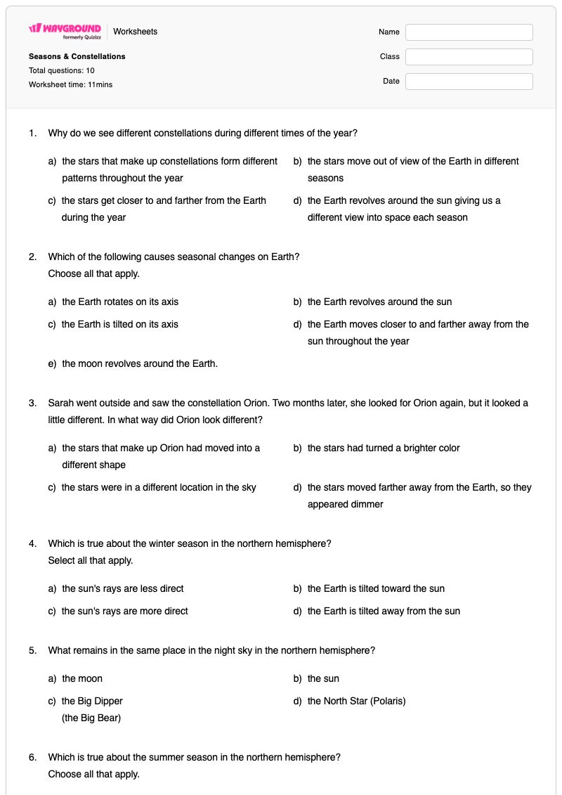 Seasons & Constellations  - Printable Weather-seasons Worksheets Grade 5 - Wayground