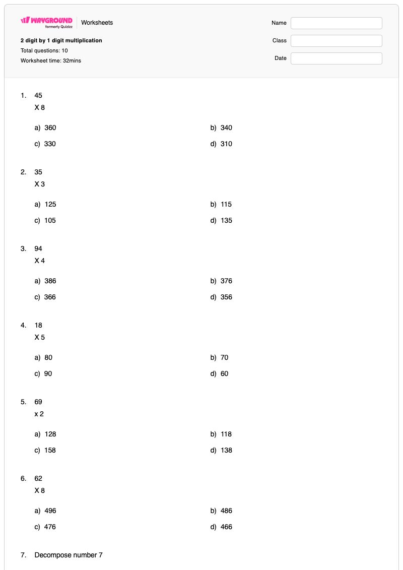 2 digit by 1 digit multiplication - Printable Multiplication Worksheets - Wayground