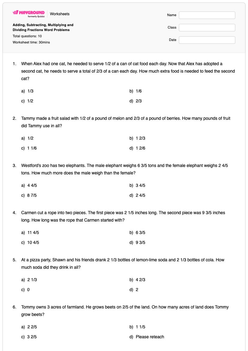 Adding, Subtracting, Multiplying and Dividing Fractions Word Problems - Printable Multiplying-and-dividing-fractions Worksheets - Wayground