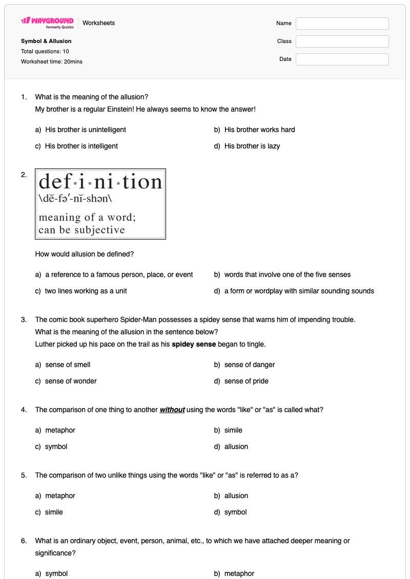 Symbol & Allusion - Nadający się do druku Aluzje Karty-pracy Klasa 9 - Wayground
