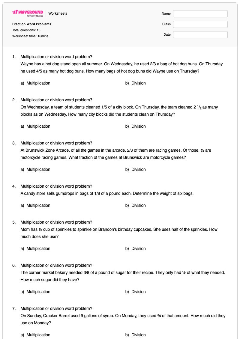 Fraction Word Problems - พิมพ์ได้ โจทย์ปัญหาเกี่ยวกับเศษส่วน เวิร์กชีท ระดับ 5 - Wayground