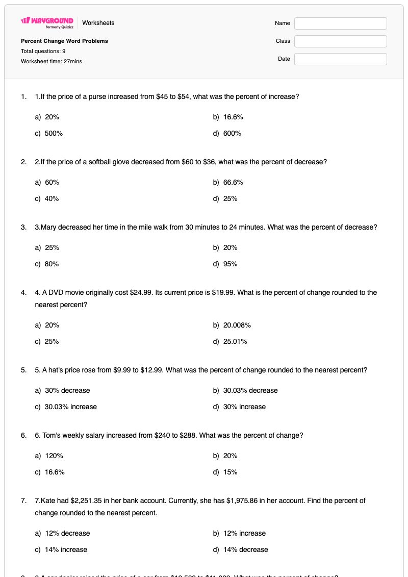 Percent Change Word Problems - พิมพ์ได้ โจทย์ปัญหาเกี่ยวกับเปอร์เซ็นต์ เวิร์กชีท - Wayground
