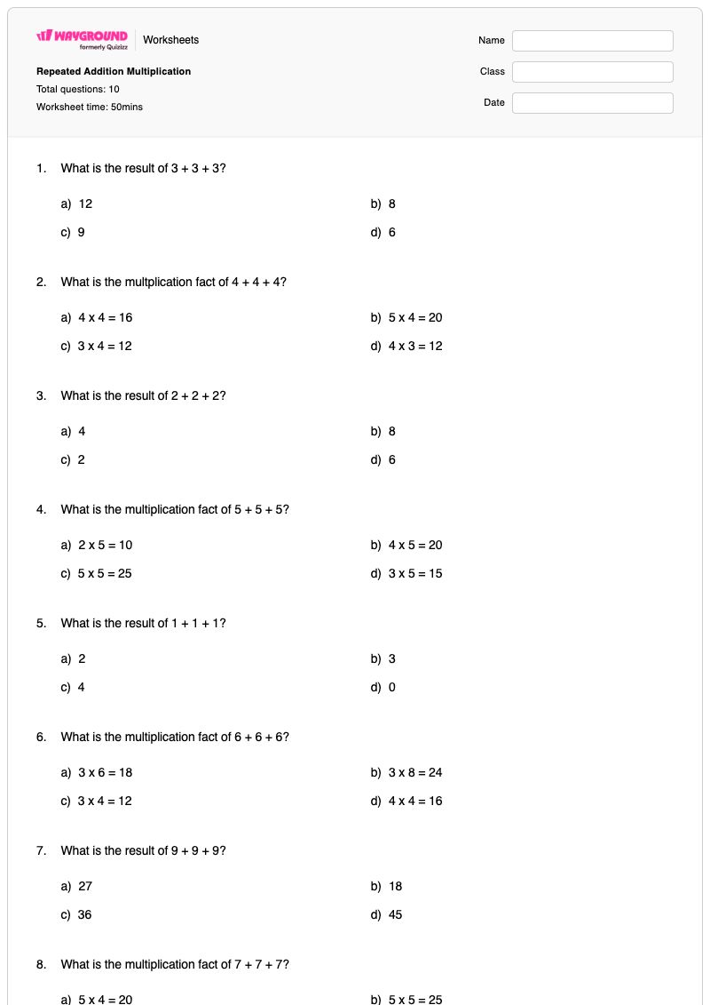 Repeated Addition Multiplication - พิมพ์ได้ ข้อเท็จจริงเกี่ยวกับการคูณ เวิร์กชีท - Wayground