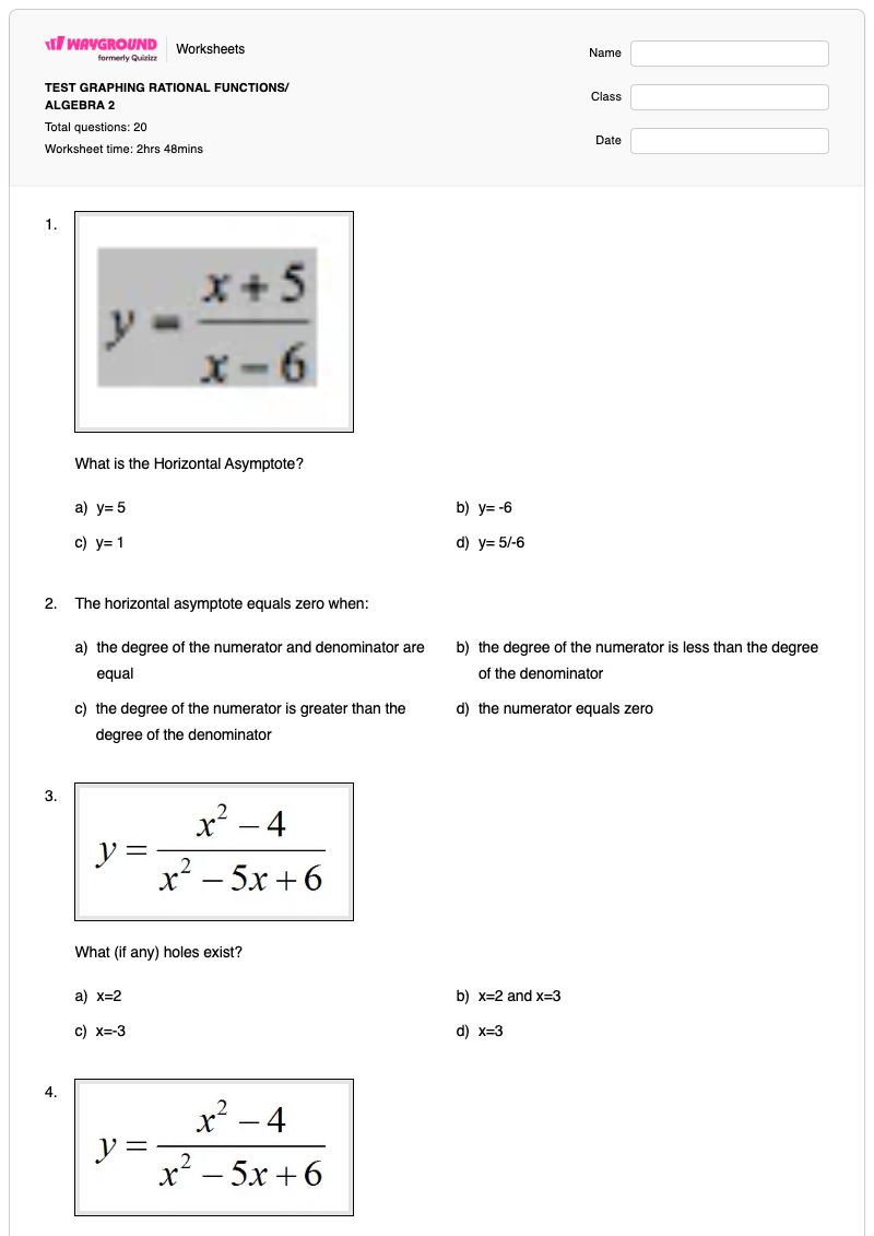 TEST GRAPHING RATIONAL FUNCTIONS/ ALGEBRA 2 - Printable Algebra-2 Worksheets - Wayground