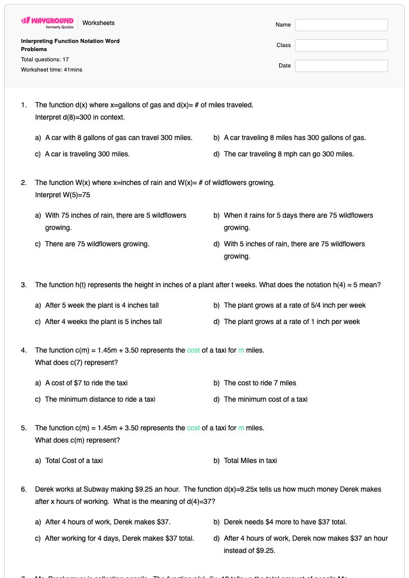 Interpreting Function Notation Word Problems - พิมพ์ได้ Function-notation เวิร์กชีท - Wayground