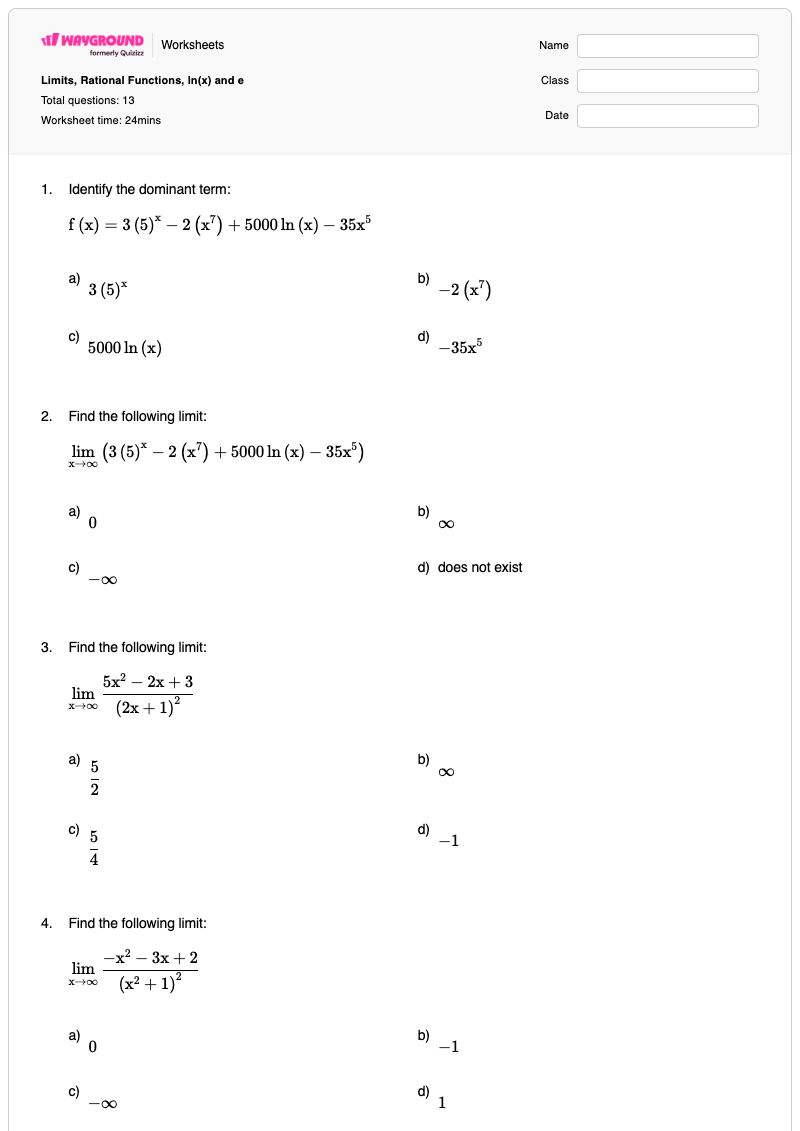 Limits, Rational Functions, ln(x) and e - Printable Functions Worksheets - Wayground